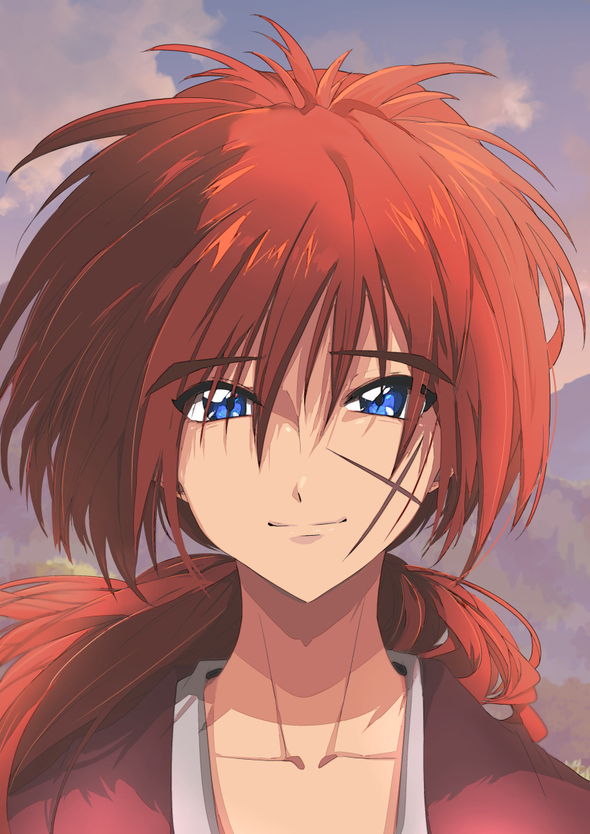 1boy, absurdres, blue_eyes, closed_mouth, collarbone, crossed_arms, dusk, hair_between_eyes, highres, himura_kenshin, japanese_clothes, kimono, long_hair, looking_at_viewer, low_ponytail, male_focus, outdoors, portrait, red_kimono, red_light_district, redhead, rurouni_kenshin, scar, scar_on_cheek, scar_on_face, smile, solo