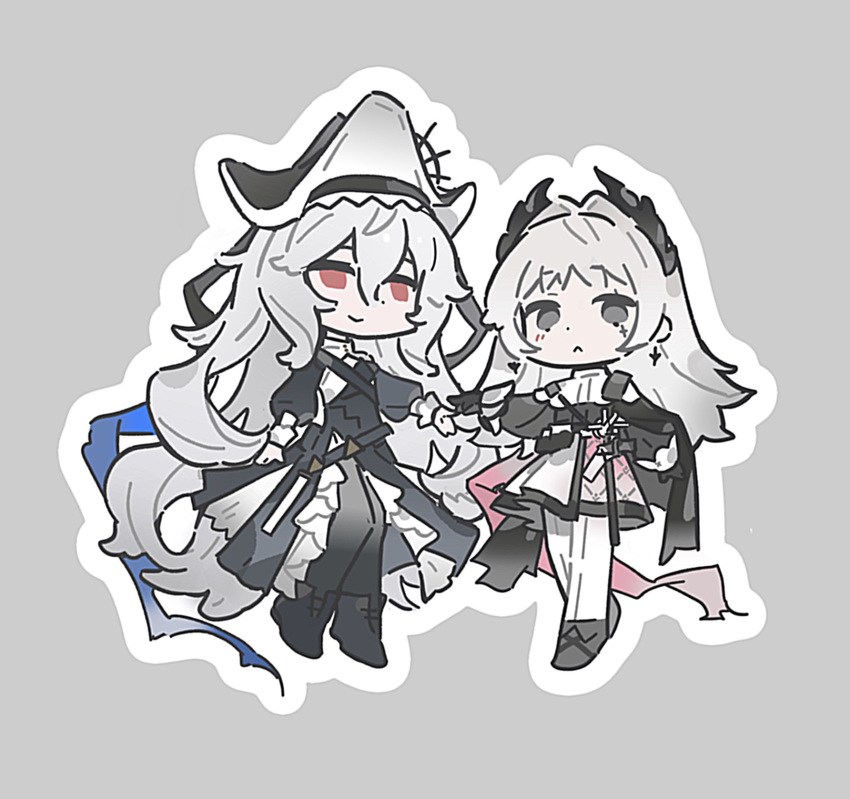 2girls, :<, arknights, black_cape, black_dress, black_gloves, black_headwear, black_pantyhose
