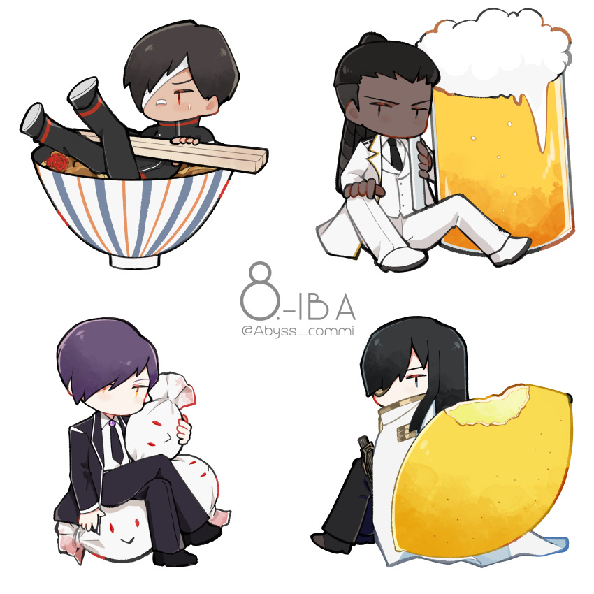 4boys, absurdres, alcohol, beef, beer, beer_mug, black_hair, black_jacket