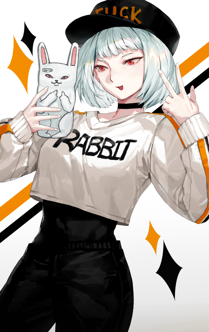 1girl, absurdres, baseball_cap, black_choker, black_headwear, black_pants, black_skirt, blunt_bangs, carol0905, cellphone, choker, clothes_writing, contrapposto, crop_top, crop_top_overhang, cropped_shirt, diamond_(shape), dutch_angle, hat, highres, holding, holding_phone, library_of_ruina, long_sleeves, myo_(project_moon), open_mouth, pants, phone, phone_with_ears, project_moon, puffy_sleeves, red_eyes, shirt, short_hair, skin_tight, skirt, smartphone, smartphone_case, smile, solo, standing, tight_clothes, tight_shirt, tongue, v-neck, w, white_background, white_hair