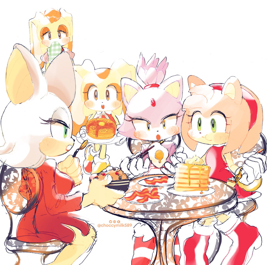 5girls, amy_rose, bacon, bat_girl, blaze_the_cat, blush, breakfast, cat_girl
