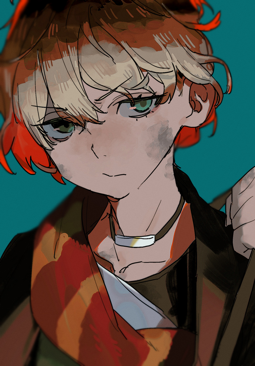 1girl, aqua_background, aqua_eyes, black_jacket, black_shirt, blonde_hair, brown_hair, closed_mouth