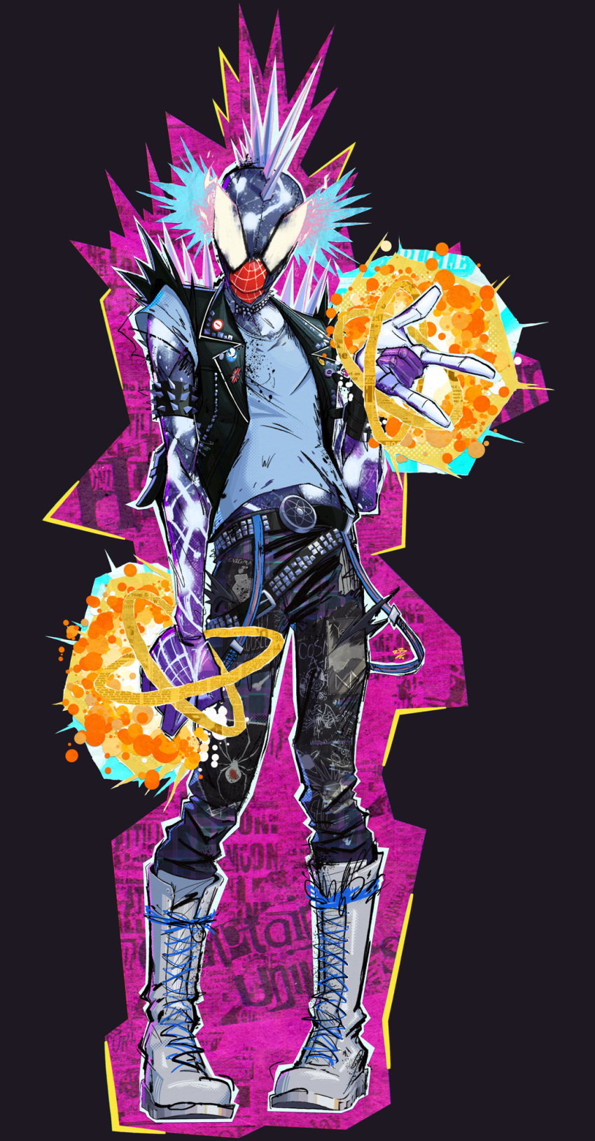 1boy, armlet, badge, belt, black_pants, bodysuit, button_badge, clenched_hand, cross-laced_footwear, energy, highres, hood, hooded_bodysuit, looking_at_viewer, male_focus, marvel, mask, pants, punk, solo, spider-man:_across_the_spider-verse, spider-man_(series), spider-punk, spider_web_print, spiked_armlet, spiked_jacket, spiked_necklace, spiky_hair, studded_belt, superhero, theroomacattack, two-tone_bodysuit, white_footwear