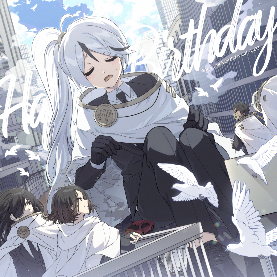 2girls, 3boys, ahoge, badge, bbunny, bird, black_gloves, black_necktie