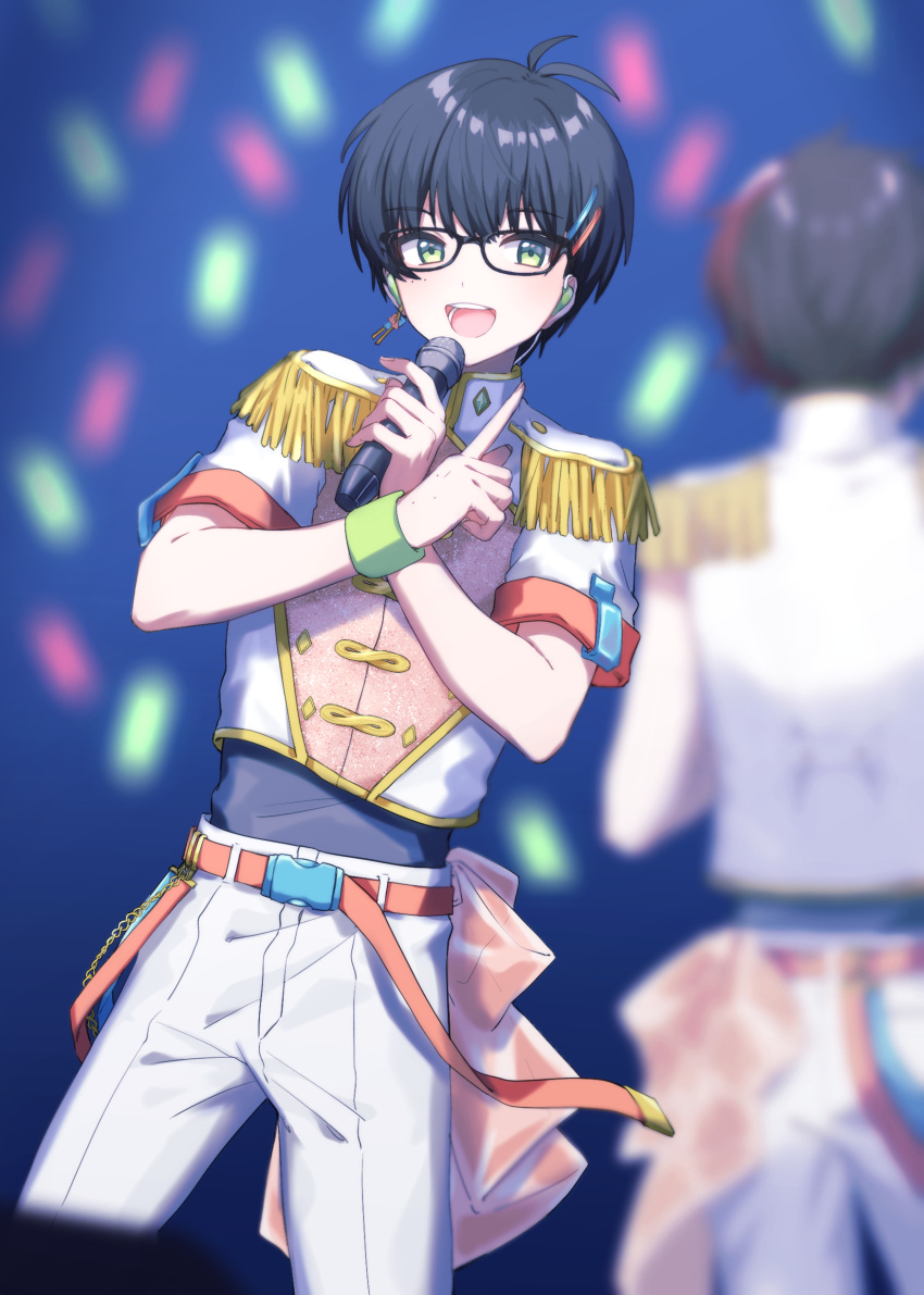 2boys, absurdres, antenna_hair, belt, black-framed_eyewear, black_hair, black_shirt, blurry