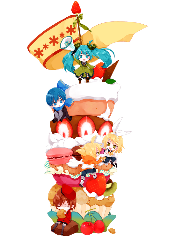 aqua_hair, blonde_hair, blue_eyes, blue_hair, brown_hair, cake, cherry, chibi