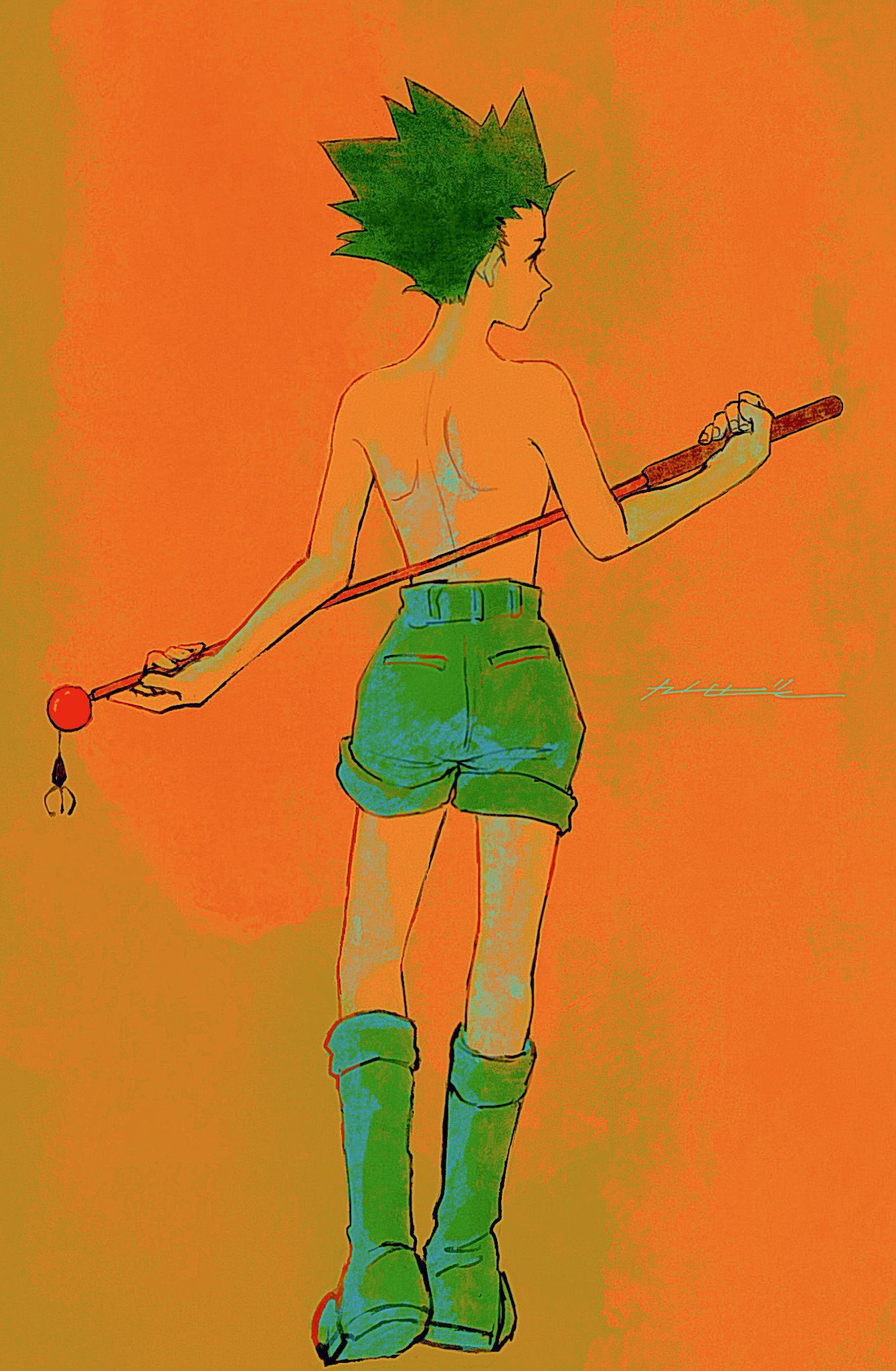 1boy, bare_shoulders, fishing_rod, from_behind, full_body, gon_freecss, green_footwear, green_hair