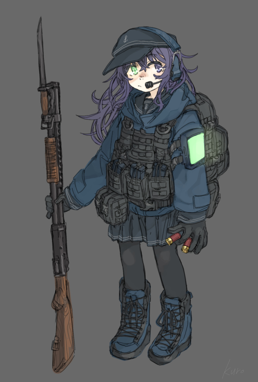 1girl, :/, akatsuki_(kancolle), alternate_costume, ammunition_pouch, arm_strap, artificial_eye, backpack