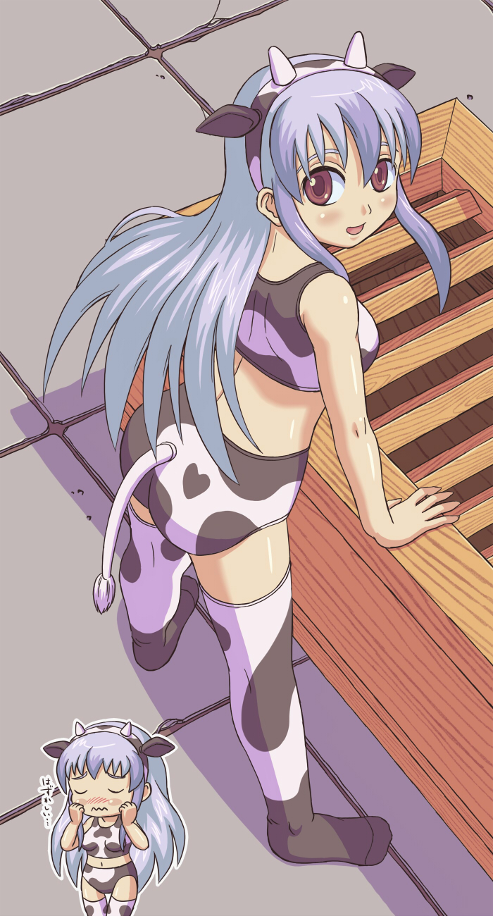 blue_hair, box, cow_ears, cow_girl, cow_horns, cow_print, cow_tail, donation_box