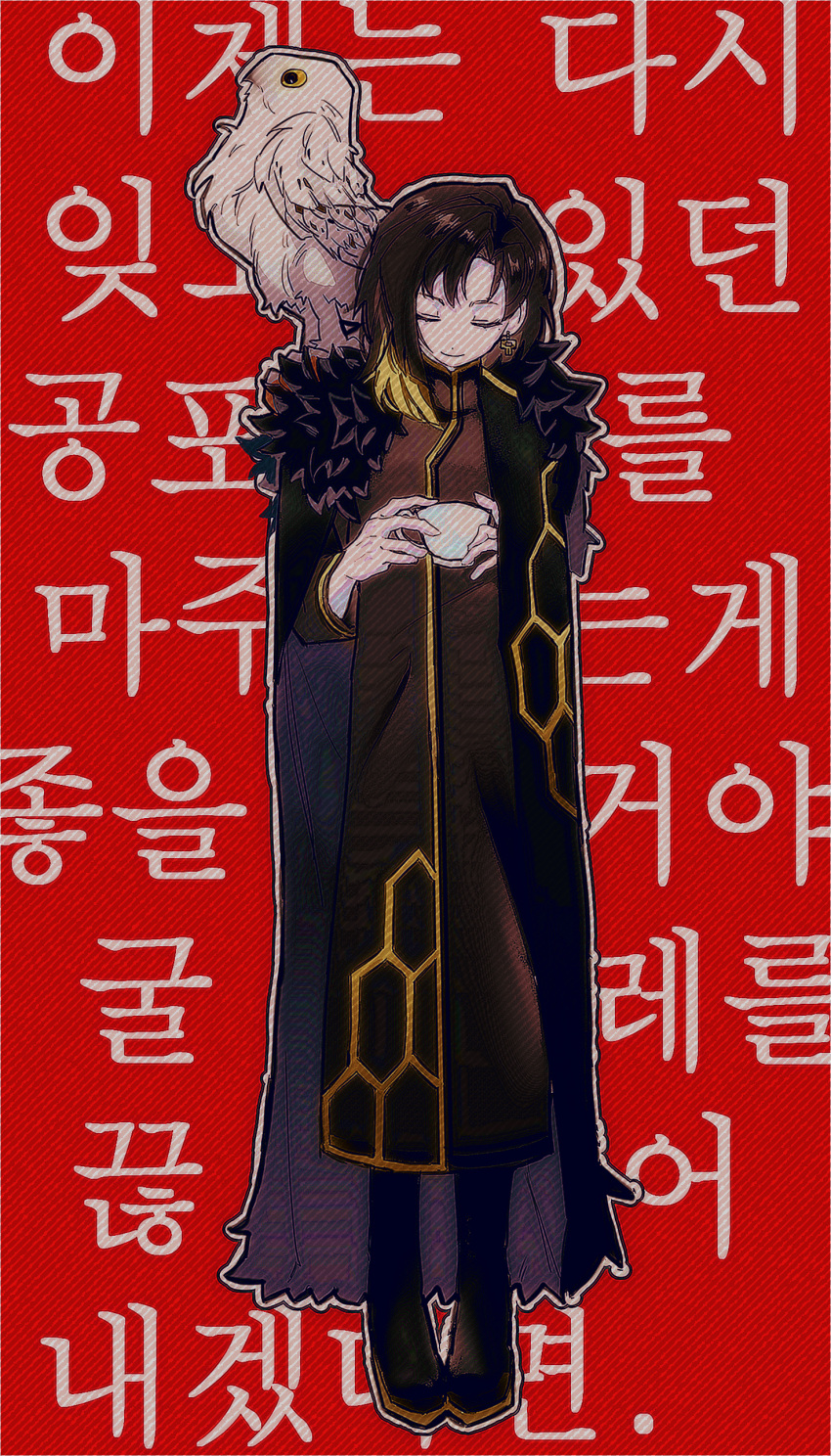 1girl, absurdres, animal_on_shoulder, binah_(project_moon), bird, bird_on_shoulder, black_cape, black_dress