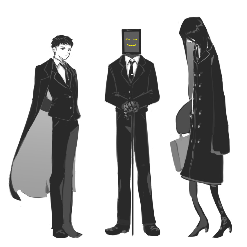 arms_behind_back, bada_(library_of_ruina), black_coat, black_eyes, black_footwear, black_hair, black_necktie, black_pants