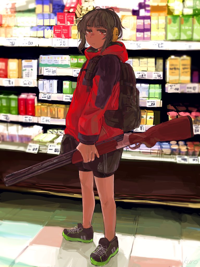 1girl, backpack, bag, bike_shorts, black_jacket, black_shorts, blunt_bangs, brown_hair, closed_mouth, commentary_request, double-barreled_shotgun, ear_protection, expressionless, full_body, gun, half-closed_eyes, holding, holding_gun, holding_weapon, indoors, jacket, kuro4221, long_sleeves, looking_at_viewer, looking_to_the_side, messy_hair, multicolored_clothes, multicolored_jacket, original, red_eyes, red_jacket, shoes, short_hair, shorts, shotgun, sneakers, solo, standing, supermarket, weapon