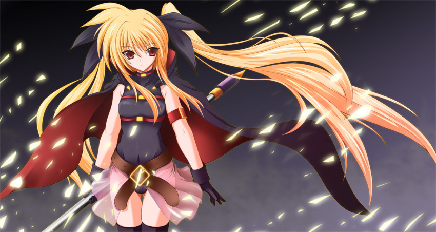 bardiche, belt, blonde_hair, cape, fate_testarossa, gloves, hair_ribbon, long_hair