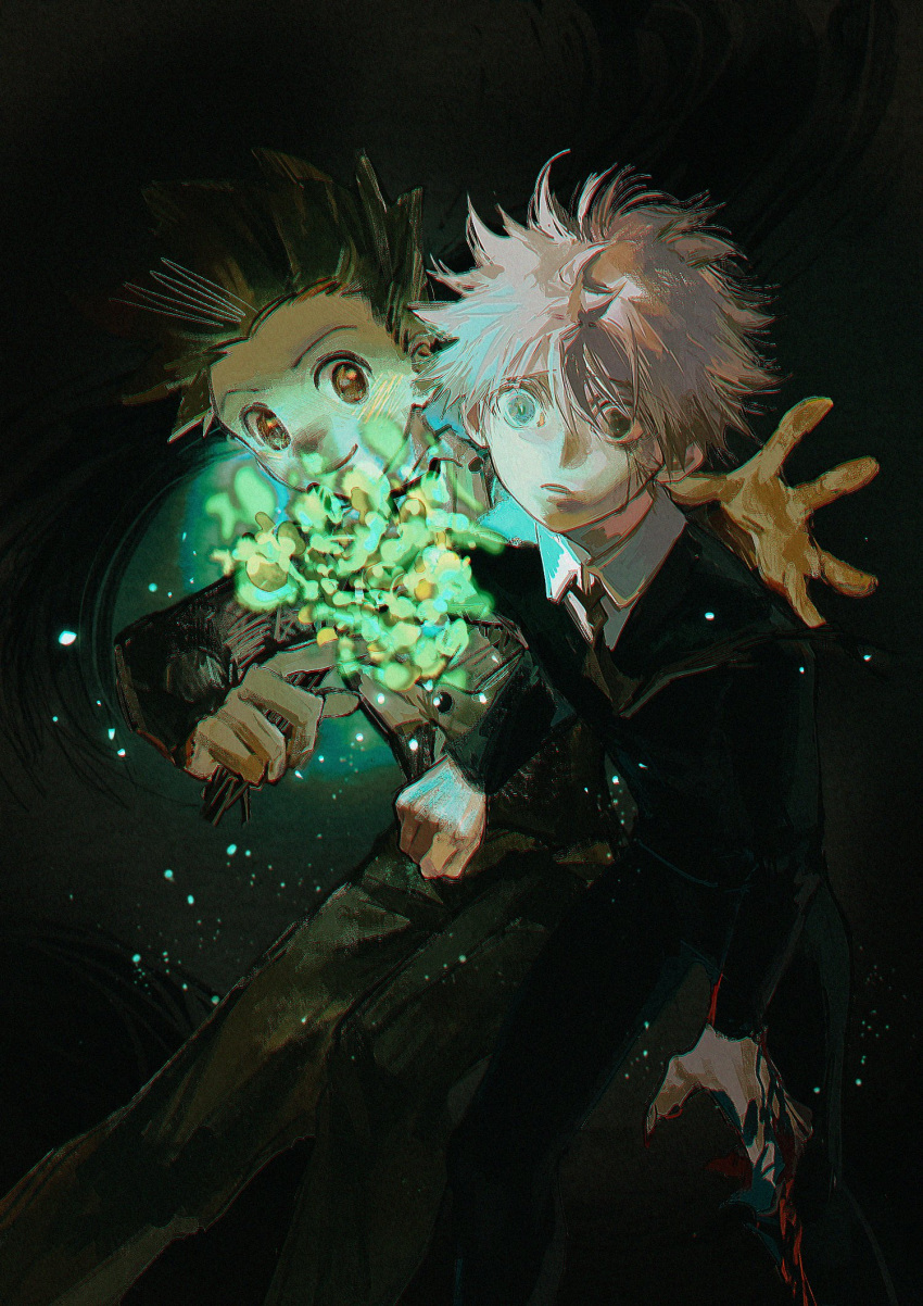 2boys, alternate_costume, black_hair, black_sweater, cowboy_shot, flower, gon_freecss, highres