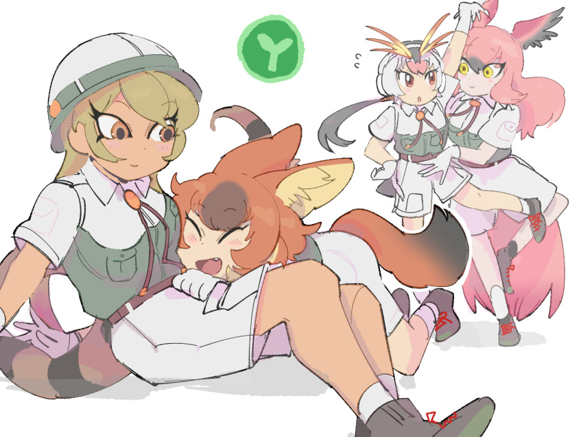 4girls, ^_^, all_fours, animal_ears, antenna_hair, arm_up, bird_girl, bird_tail