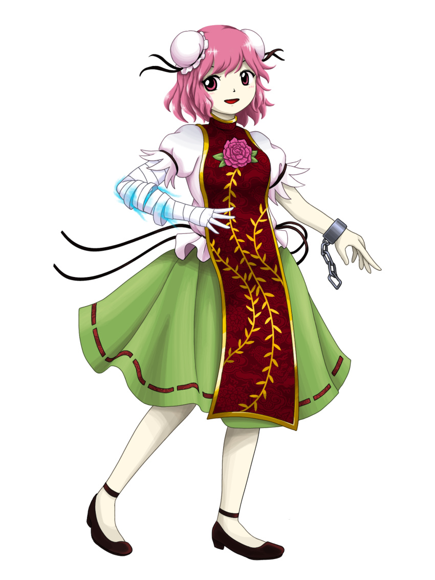 1girl, bandaged_arm, bandages, breasts, brown_footwear, bun_cover, chain, commentary_request, cuffs, double_bun, floral_print, flower, full_body, green_skirt, hair_bun, highres, ibaraki_kasen, looking_at_viewer, open_mouth, parasite_oyatsu, pink_eyes, pink_hair, print_tabard, puffy_short_sleeves, puffy_sleeves, red_tabard, rose, shackles, shirt, shoes, short_hair, short_sleeves, simple_background, skirt, small_breasts, smile, solo, standing, tabard, tachi-e, touhou, white_background, white_shirt, zun_(style)