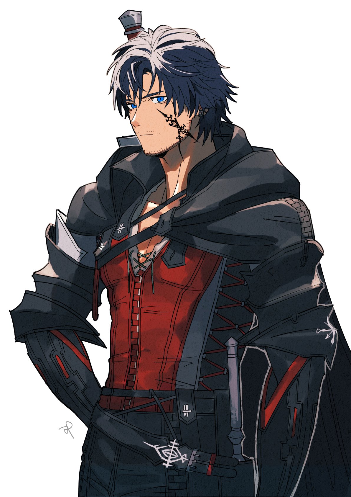 1boy, beard_stubble, belt, black_belt, black_cape, black_hair, black_pants, blue_eyes