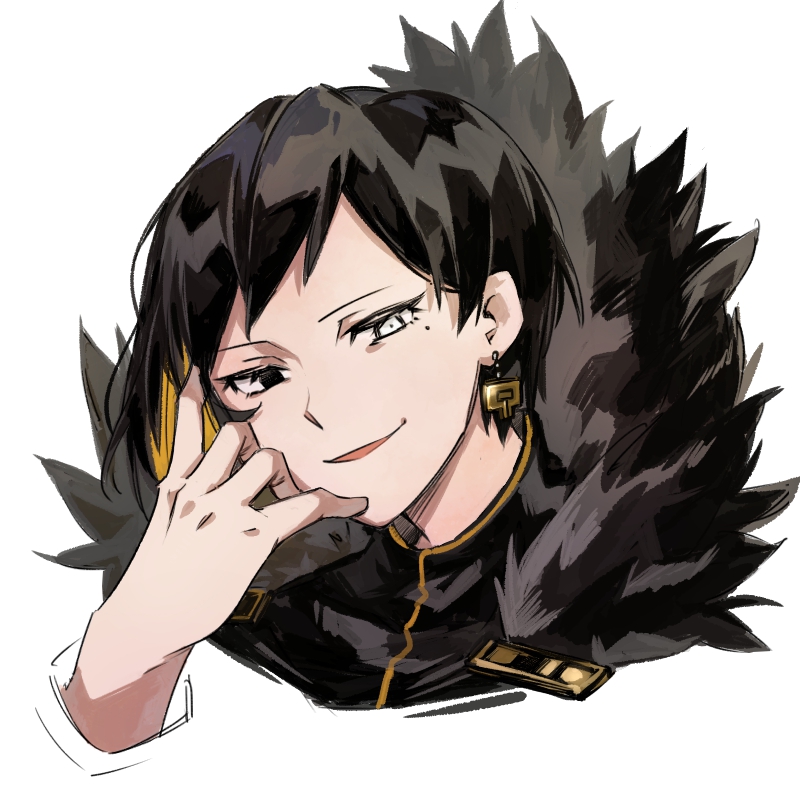 115_koubunshi, 1girl, binah_(project_moon), black_coat, black_dress, black_eyes, blonde_hair, coat, colored_inner_hair, dress, earrings, fur-trimmed_coat, fur_trim, grin, hand_up, heterochromia, jewelry, lobotomy_corporation, medium_hair, mole, mole_under_eye, multicolored_hair, portrait, project_moon, simple_background, smile, solo, white_background, white_eyes