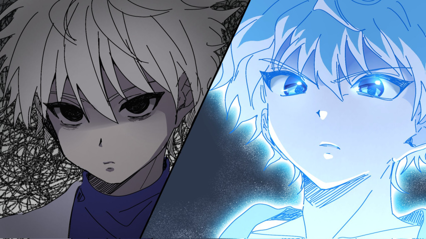 1boy, black_eyes, chikasarang, expressionless, highres, hunter_x_hunter, killua_zoldyck, looking_at_viewer, male_child, male_focus, nen_(hunter_x_hunter), short_hair, solo, split_screen, upper_body, white_hair