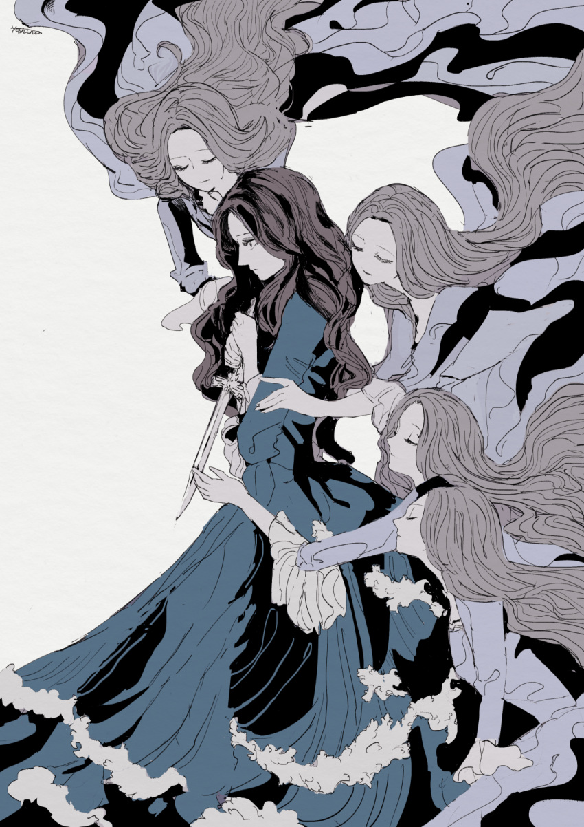 5girls, blonde_hair, blue_dress, brown_hair, dagger, dress, floating, floating_hair
