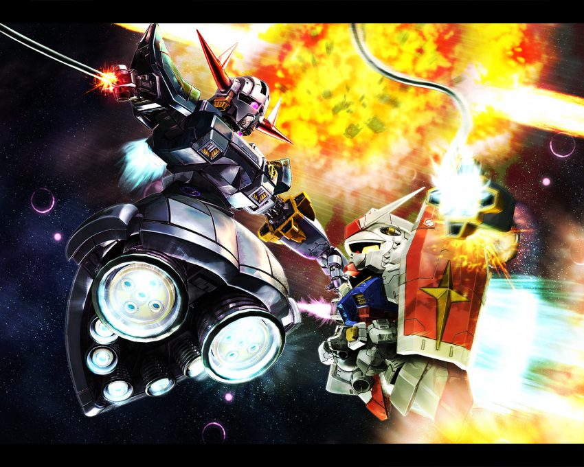a_mituhashi, battle, cable, chibi, energy_sword, explosion, gundam, highres