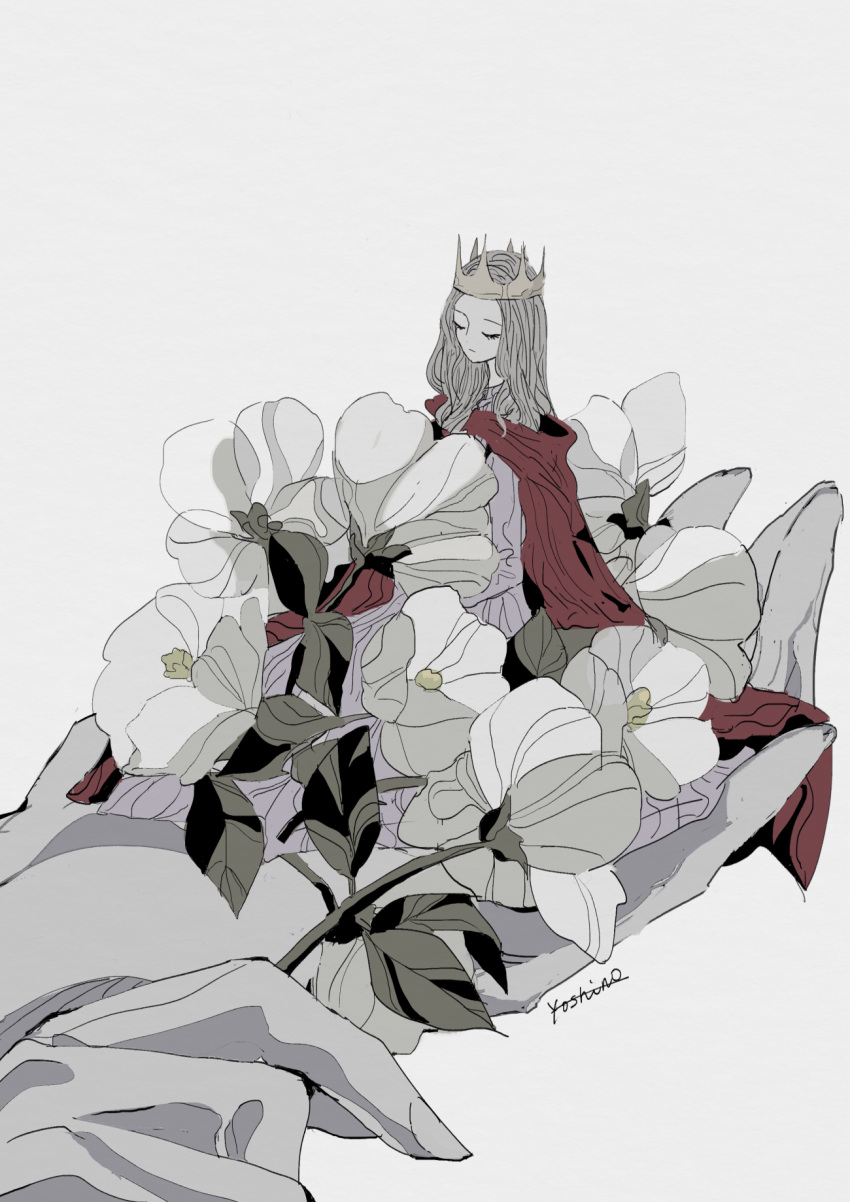 1girl, 1other, cape, closed_eyes, crown, dress, flower, gghost0627