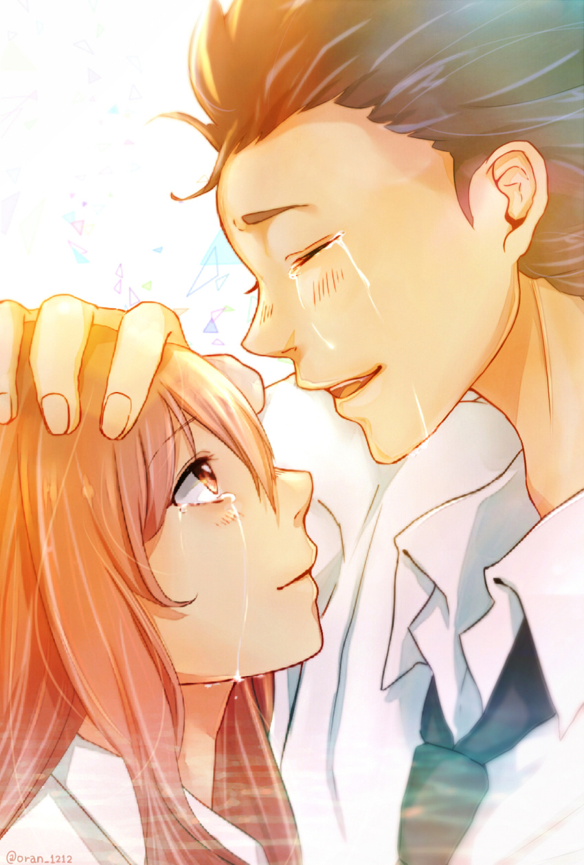 1boy, 1girl, :d, black_hair, black_necktie, brown_eyes, brown_hair, closed_eyes, closed_mouth, crying, crying_with_eyes_open, daiya_moond, headpat, highres, ishida_shouya, koe_no_katachi, long_hair, looking_at_another, necktie, nishimiya_shouko, open_mouth, school_uniform, shirt, short_hair, smile, spiky_hair, tears, upper_body, white_background, white_shirt