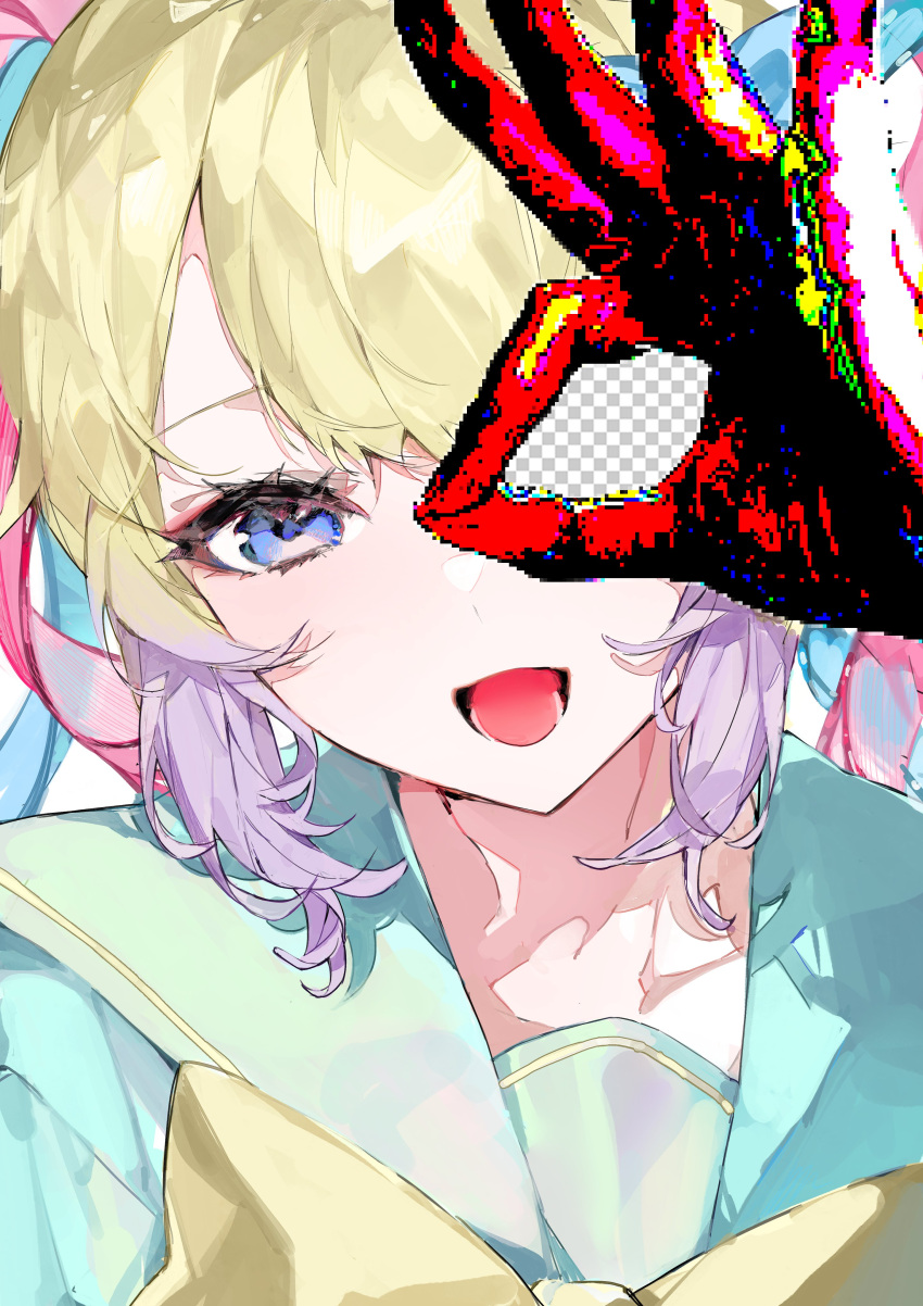 1girl, absurdres, blonde_hair, blue_hair, blue_shirt, bow, chouzetsusaikawa_tenshi-chan, close-up