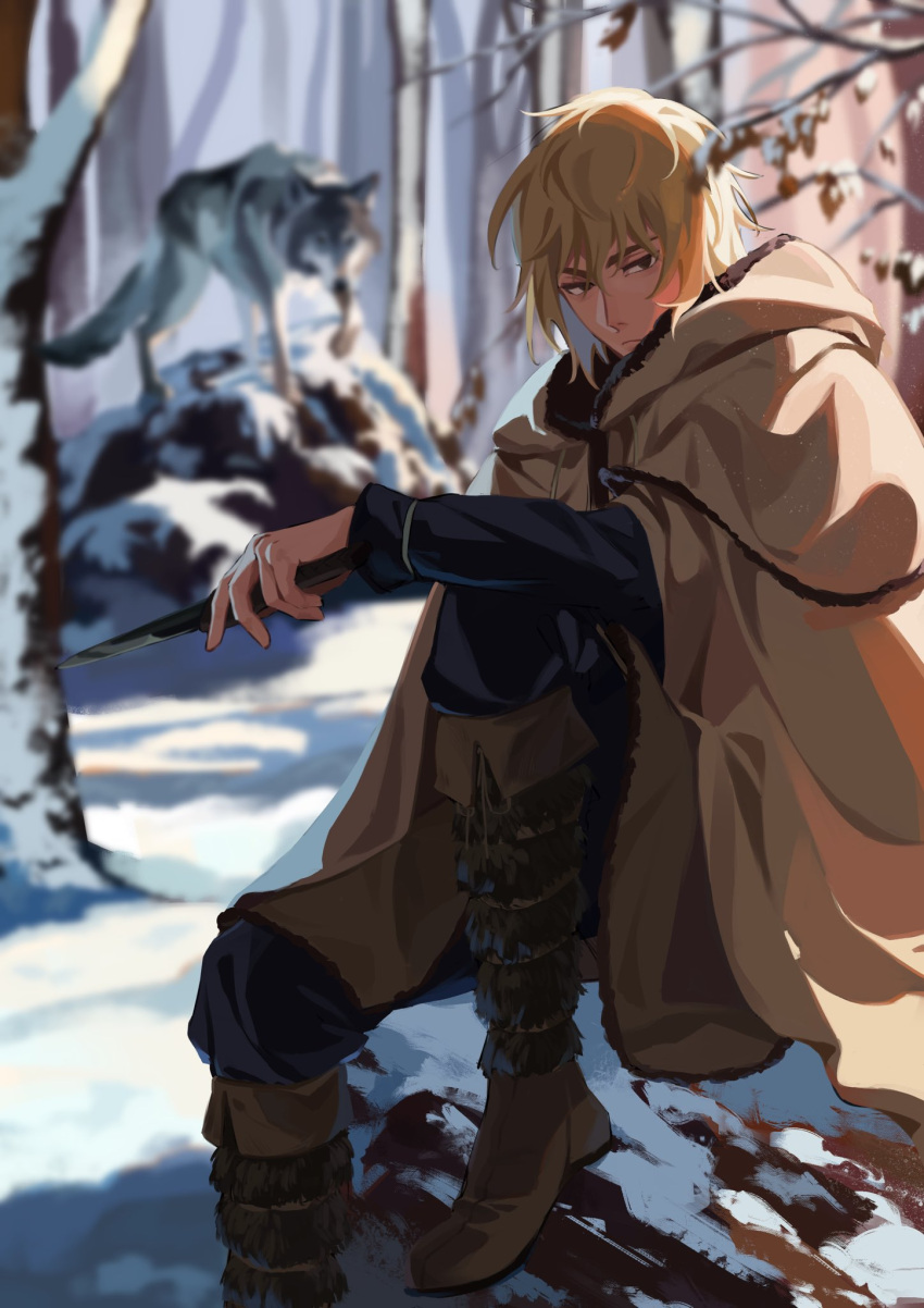 1boy, blonde_hair, brown_eyes, cape, forest, fur_trim, highres, male_focus, mumechi, nature, outdoors, short_hair, snow, solo, thorfinn, tree, tunic, vinland_saga, winter, wolf