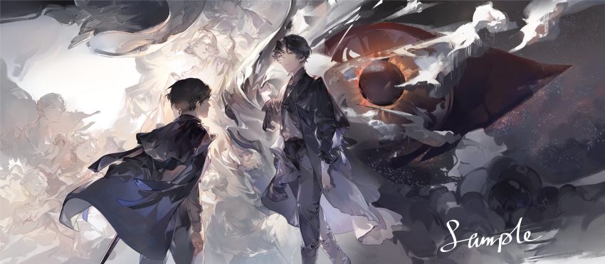 2boys, abstract_background, absurdres, amon_(lord_of_the_mysteries), black_coat, black_eyes, black_footwear, black_hair