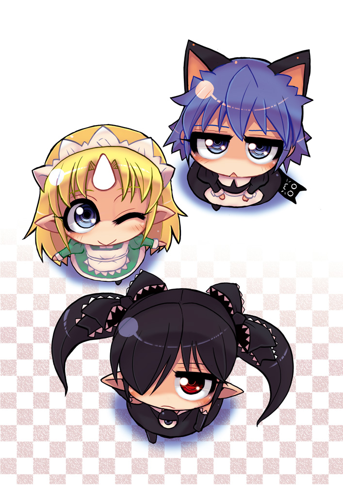 3girls, :>, animal_ears, apron, backbeako, backbeard, black_dress, black_gloves