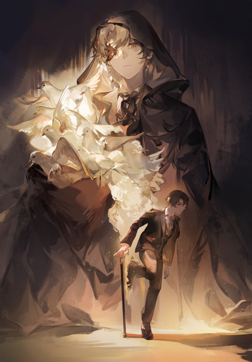 2boys, abstract_background, absurdres, bird, black_cloak, black_footwear, black_hair, black_jacket