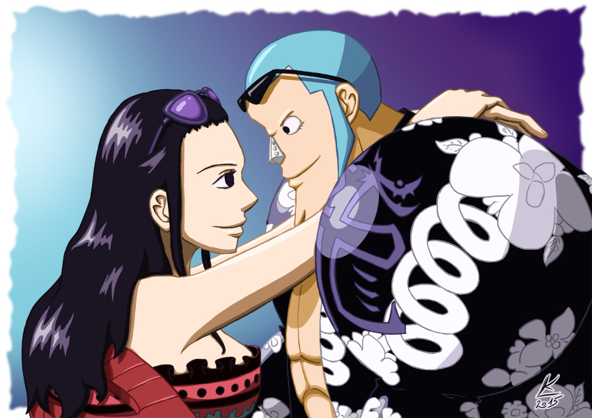 1boy, 1girl, 2015, arms_around_neck, black_eyes, blue_hair, closed_mouth, evanyia