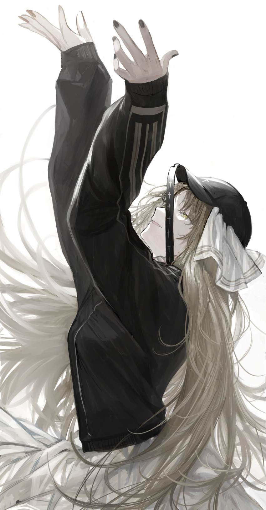 1girl, absurdres, arm_up, bandana, baseball_cap, black_headwear, black_jacket, black_nails, blonde_hair, commentary_request, dogma_(vocaloid), floating_hair, from_side, half-closed_eyes, hat, highres, jacket, light_smile, long_hair, long_sleeves, looking_up, nabeudon, nijisanji, official_alternate_costume, parted_lips, profile, reaching, simple_background, sister_cleaire, skirt, solo, track_jacket, very_long_hair, virtual_youtuber, white_background, white_bandana, white_skirt, yellow_eyes