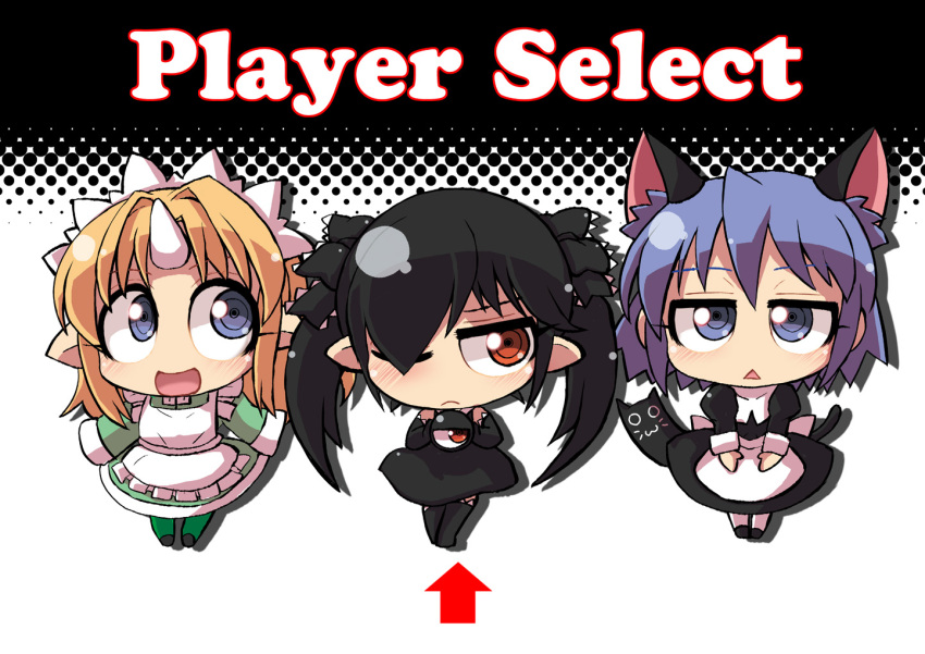 3girls, :d, animal_ears, apron, arrow_(symbol), backbeako, backbeard, black_dress