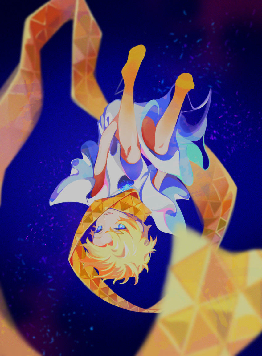 1boy, barefoot, blonde_hair, blue_eyes, colored_skin, commentary, fate_(series), highres, ieiieiiei, male_focus, orange_skin, outdoors, parted_lips, scarf, sky, solo, space, star_(sky), starry_background, starry_sky, tunic, upside-down, voyager_(fate), voyager_(first_ascension)_(fate), white_tunic, yellow_scarf