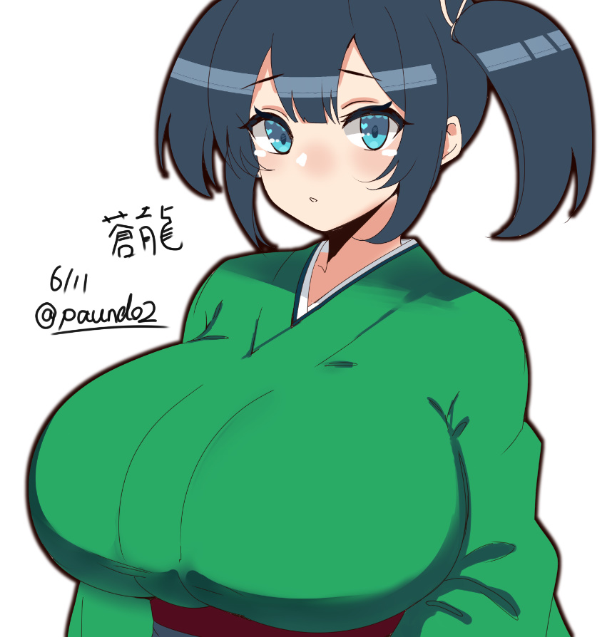 blue_eyes, blue_hair, breasts, green_kimono, hair_ribbon, huge_breasts, japanese_clothes, kantai_collection
