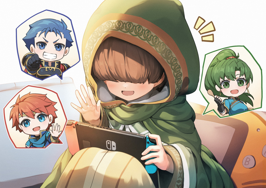 1girl, 1other, 2boys, aged_down, armor, bean_bag_chair, black_gloves, blue_cape