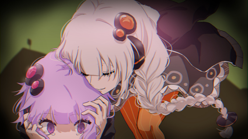 2girls, black_dress, black_jacket, blurry, blurry_background, braid, closed_eyes, clutching_head