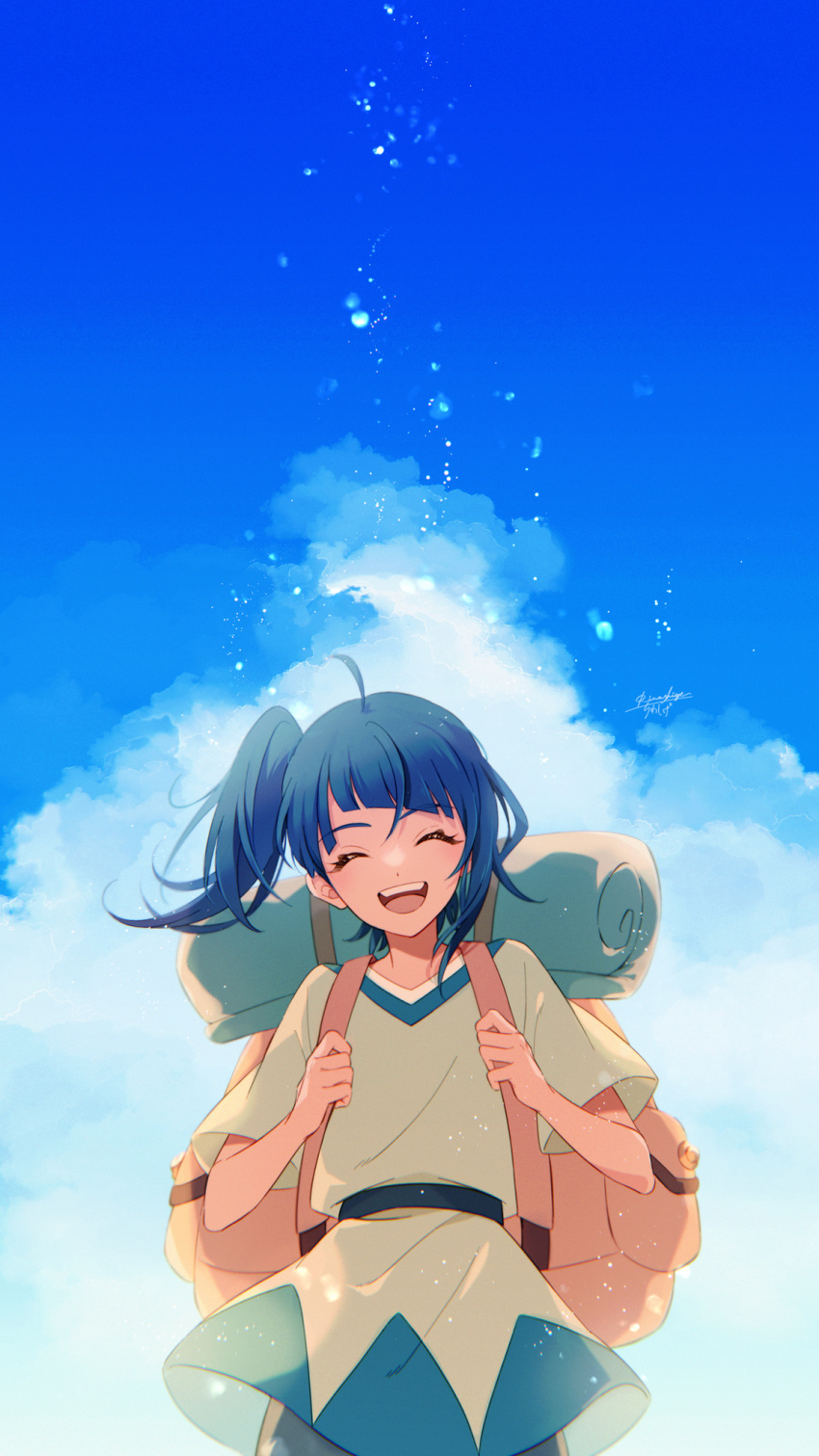 1girl, :d, ahoge, backpack, bag, blue_hair, blue_sky, blunt_bangs, brown_bag, closed_eyes, commentary_request, diagonal_bangs, dress, facing_viewer, highres, hirogaru_sky!_precure, holding_strap, liwa_(u_rai_la), open_mouth, precure, puffy_short_sleeves, puffy_sleeves, short_sleeves, side_ponytail, signature, sky, smile, solo, sora_harewataru, standing, teeth, upper_teeth_only, white_dress