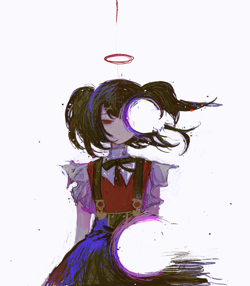 1girl, absurdres, alternate_eye_color, ame-chan_(needy_girl_overdose), arms_at_sides, backlighting, black_hair, black_ribbon, black_skirt, closed_mouth, collar, collared_shirt, commentary, cowboy_shot, dot_mouth, floating_hair, half-closed_eyes, halo, highres, hole, hole_in_head, hole_on_body, jirai_kei, looking_at_viewer, medium_hair, neck_ribbon, needy_girl_overdose, no_nose, ostrich_(pixiv4619770), pixels, red_eyes, red_halo, red_shirt, ribbon, shirt, shirt_tucked_in, simple_background, skirt, solo, standing, suspender_skirt, suspenders, twintails, white_background, white_collar