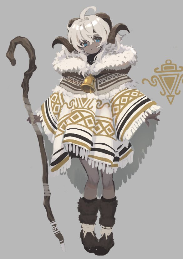 1girl, ahoge, bell, blue_eyes, brown_footwear, brown_fur, coat, commentary