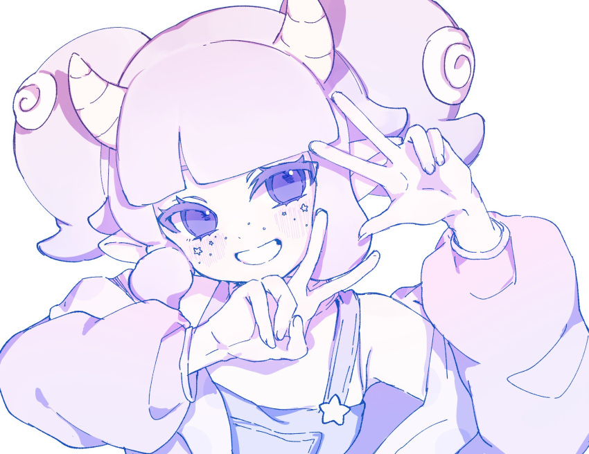 1girl, blush, commentary, freckles, grin, hackerling, highres, horns