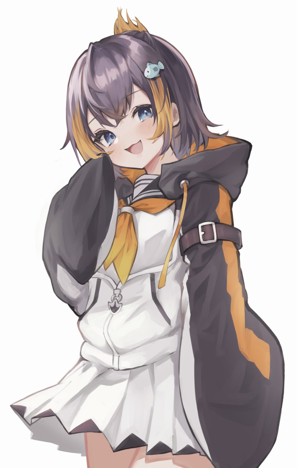 1girl, :d, black_hair, blue_eyes, blush, fish_hair_ornament, hair_ornament, highres