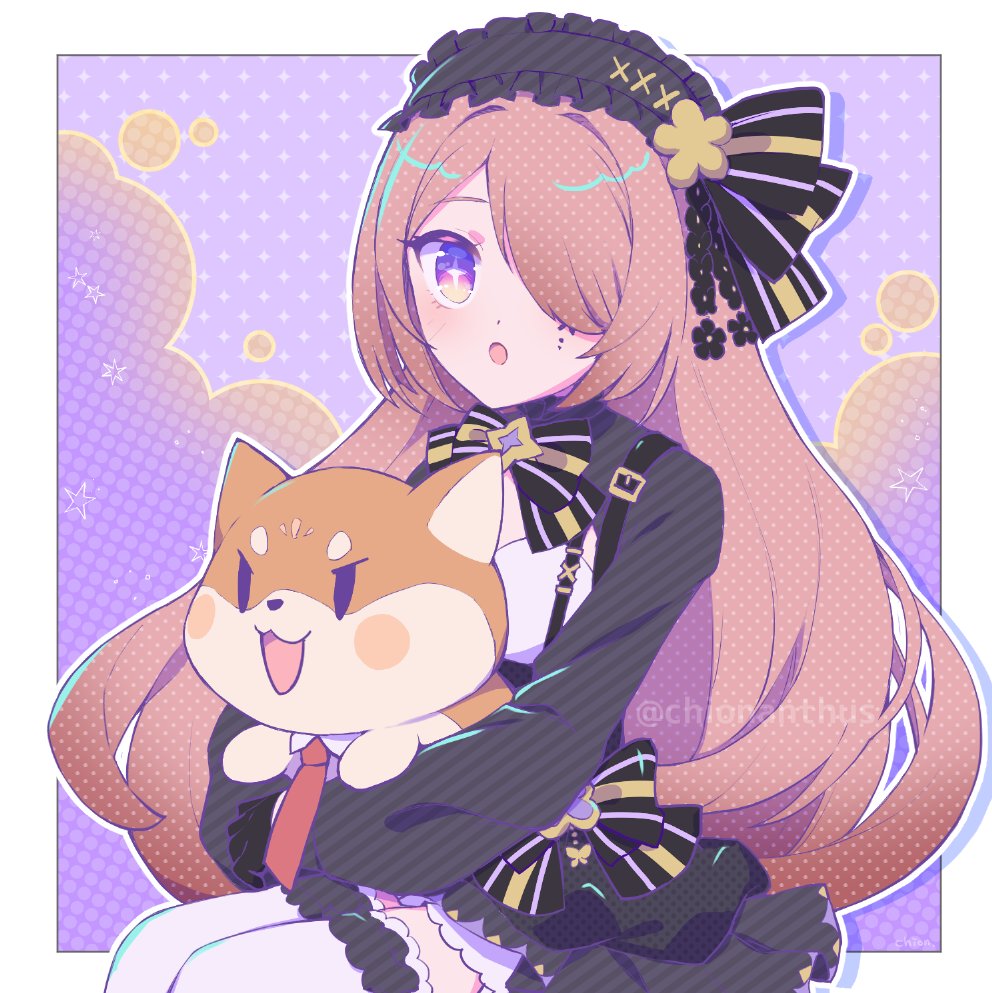 1girl, animal, black_bow, black_bowtie, black_dress, black_ribbon, bow, bowtie