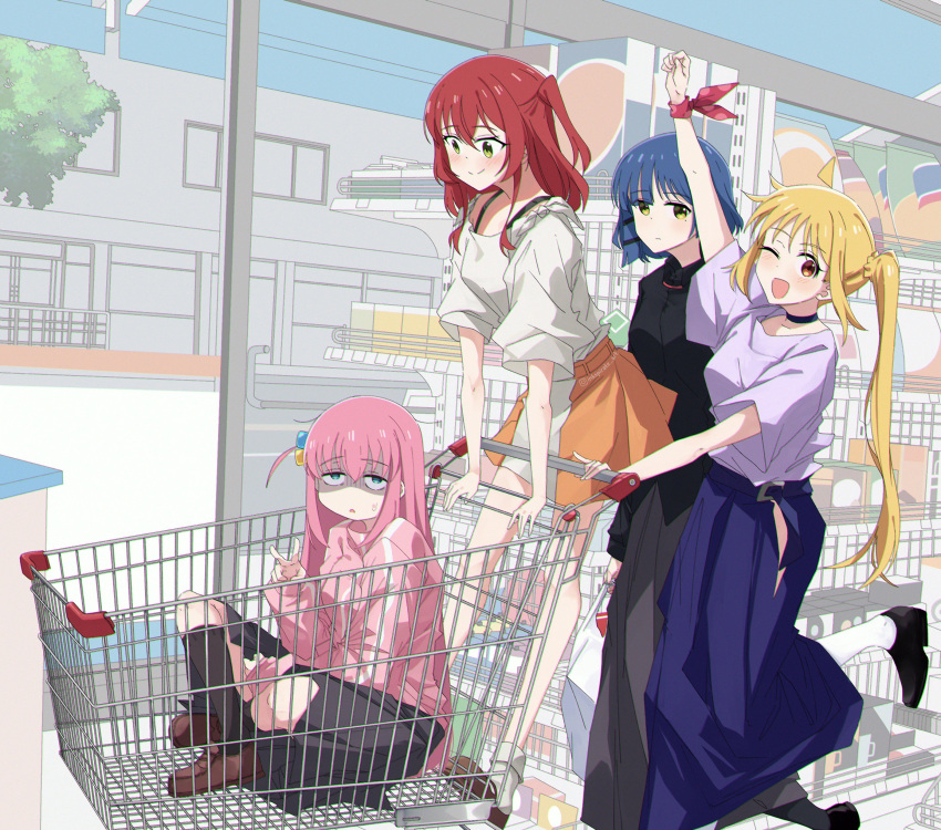 4girls, absurdres, ahoge, black_footwear, black_shirt, black_skirt, blonde_hair, blue_eyes