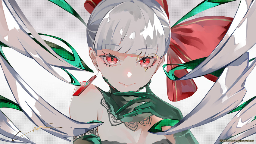 1girl, artist_name, bare_shoulders, blunt_bangs, bow, closed_mouth, colored_inner_hair, company_name