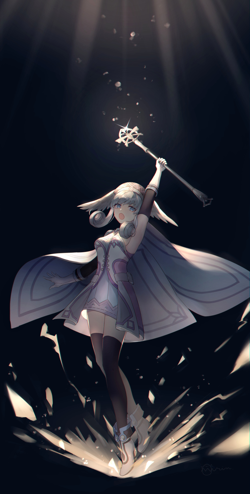 1girl, absurdres, arm_up, armpits, aura, blue_eyes, breasts, cape