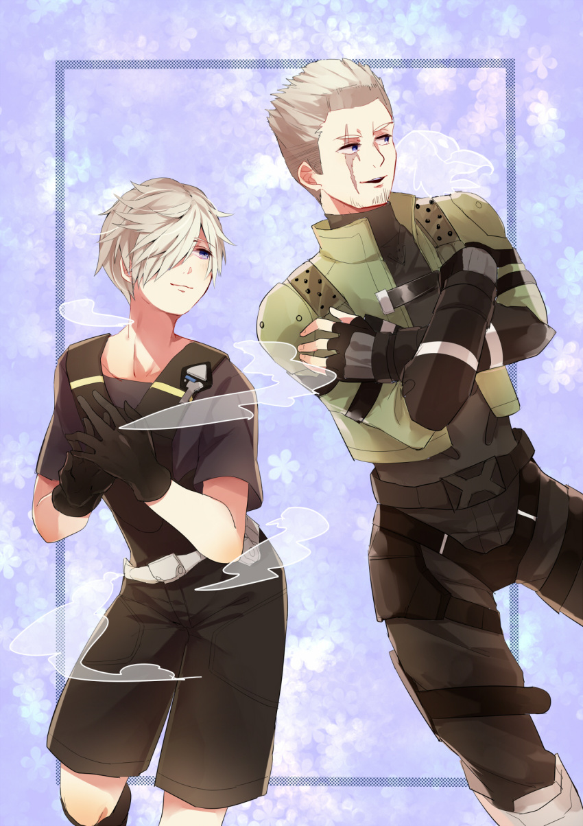 2boys, black_gloves, blonde_hair, brothers, crossed_arms, facial_hair, fingerless_gloves, frye_christoph, gloves, green_jacket, hair_over_one_eye, highres, jacket, male_focus, mirin., multiple_boys, phog_christoph, scar, scar_over_eye, shirt, shorts, siblings, smoke, stubble, t-shirt, xenoblade_chronicles_(series), xenoblade_chronicles_x