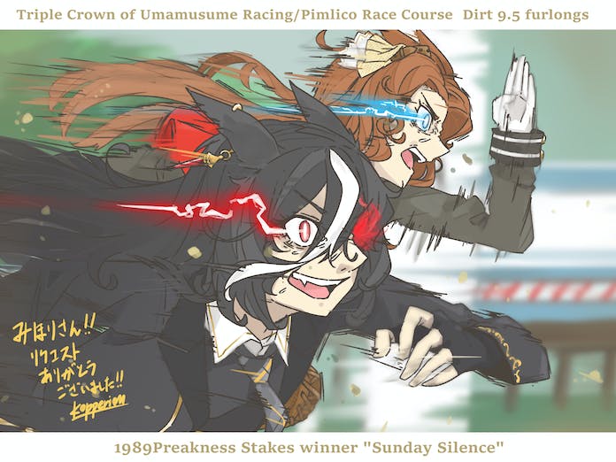 2girls, artist_name, black_gloves, black_necktie, brown_hair, character_name, collared_shirt, commission, commissioner_name, easy_goer_(racehorse), english_text, fang, fingerless_gloves, from_side, genderswap, genderswap_(mtf), gloves, glowing, glowing_eyes, hair_ornament, historical_event, kopperion, long_hair, multicolored_hair, multiple_girls, necktie, original, personification, running, shirt, skeb_commission, streaked_hair, sunday_silence_(racehorse), umamusume, white_gloves, white_hair